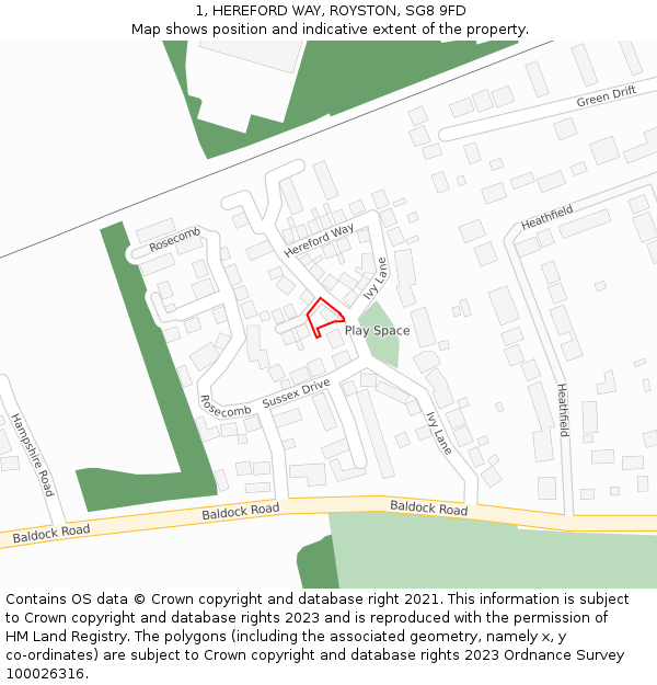 1, HEREFORD WAY, ROYSTON, SG8 9FD: Location map and indicative extent of plot