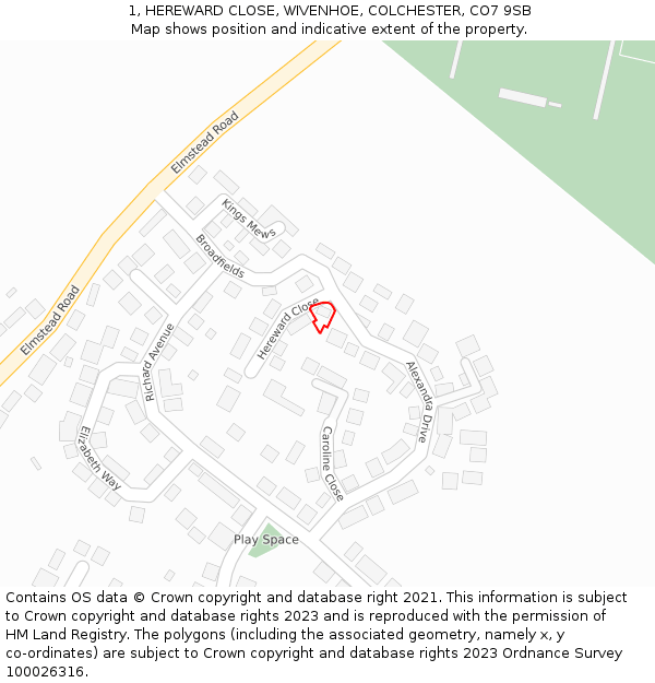 1, HEREWARD CLOSE, WIVENHOE, COLCHESTER, CO7 9SB: Location map and indicative extent of plot