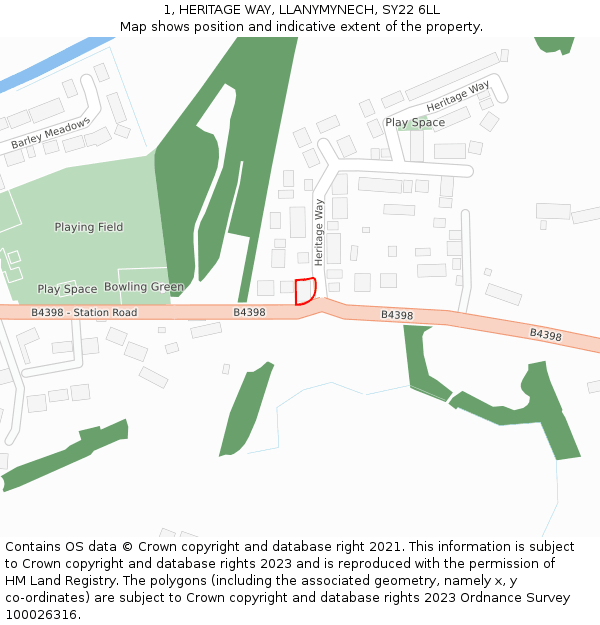 1, HERITAGE WAY, LLANYMYNECH, SY22 6LL: Location map and indicative extent of plot