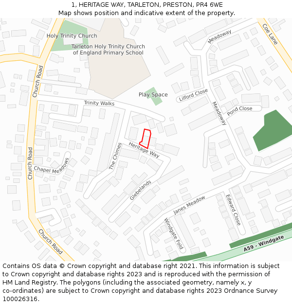 1, HERITAGE WAY, TARLETON, PRESTON, PR4 6WE: Location map and indicative extent of plot
