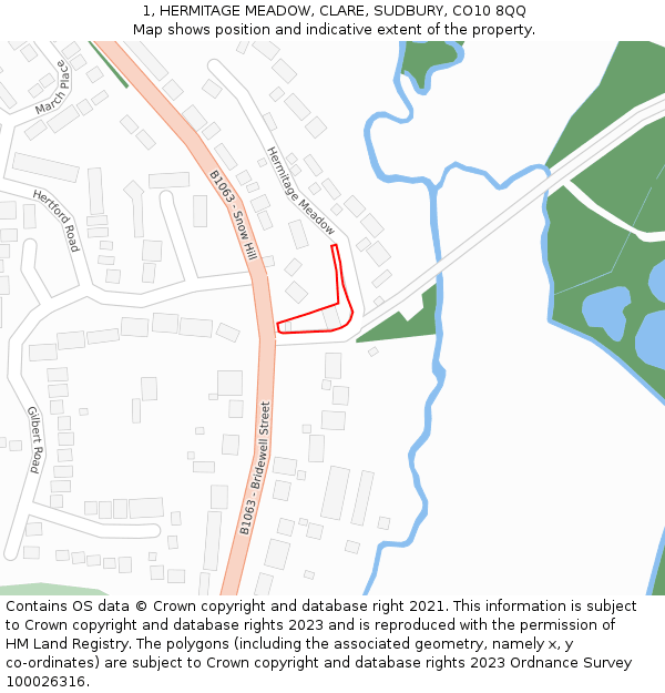 1, HERMITAGE MEADOW, CLARE, SUDBURY, CO10 8QQ: Location map and indicative extent of plot