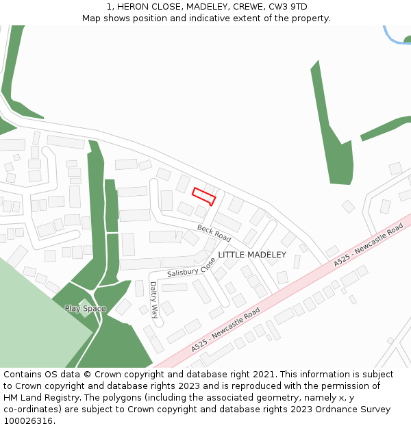 1, HERON CLOSE, MADELEY, CREWE, CW3 9TD: Location map and indicative extent of plot