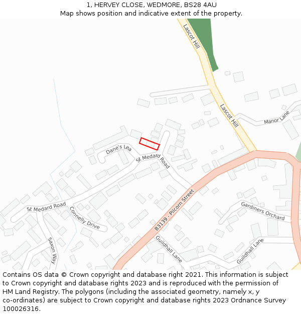 1, HERVEY CLOSE, WEDMORE, BS28 4AU: Location map and indicative extent of plot