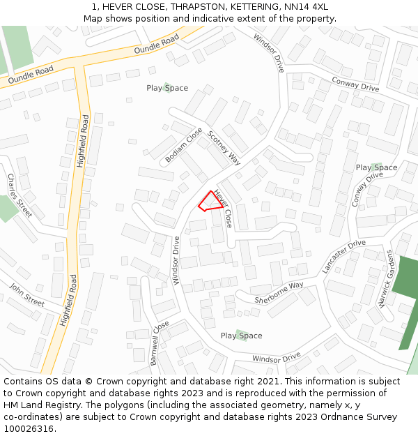1, HEVER CLOSE, THRAPSTON, KETTERING, NN14 4XL: Location map and indicative extent of plot
