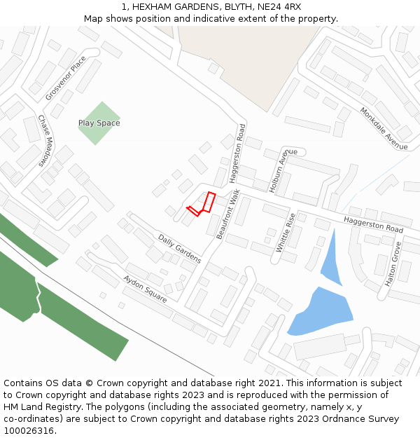 1, HEXHAM GARDENS, BLYTH, NE24 4RX: Location map and indicative extent of plot