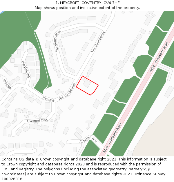 1, HEYCROFT, COVENTRY, CV4 7HE: Location map and indicative extent of plot