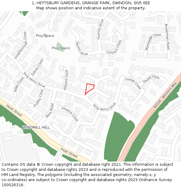 1, HEYTSBURY GARDENS, GRANGE PARK, SWINDON, SN5 6EE: Location map and indicative extent of plot