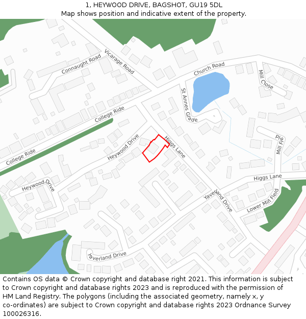 1, HEYWOOD DRIVE, BAGSHOT, GU19 5DL: Location map and indicative extent of plot