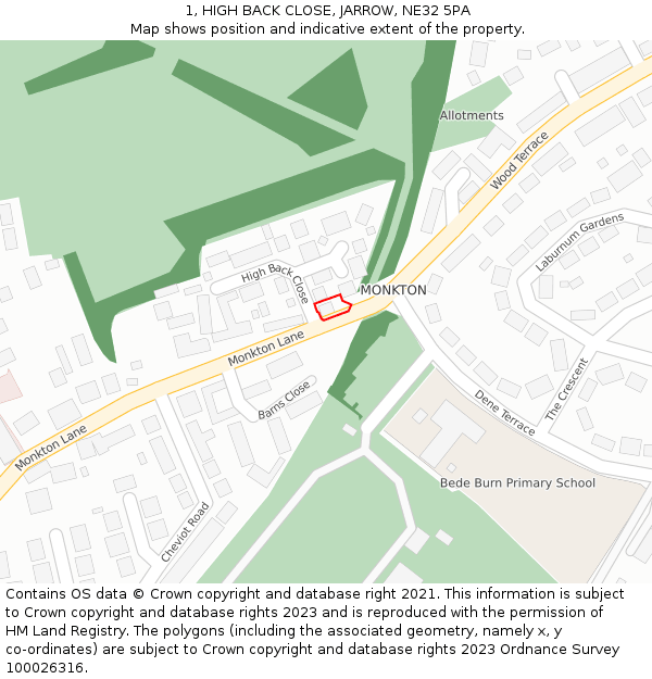 1, HIGH BACK CLOSE, JARROW, NE32 5PA: Location map and indicative extent of plot