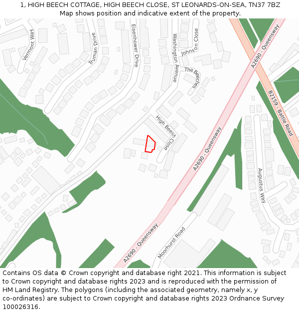 1, HIGH BEECH COTTAGE, HIGH BEECH CLOSE, ST LEONARDS-ON-SEA, TN37 7BZ: Location map and indicative extent of plot