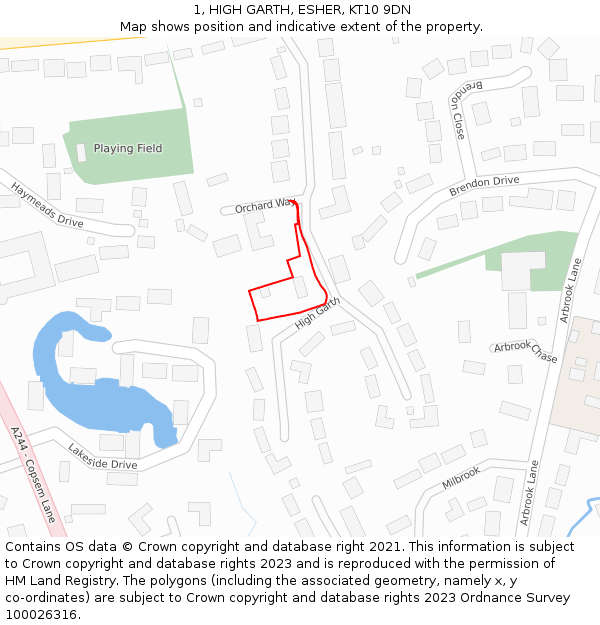 1, HIGH GARTH, ESHER, KT10 9DN: Location map and indicative extent of plot