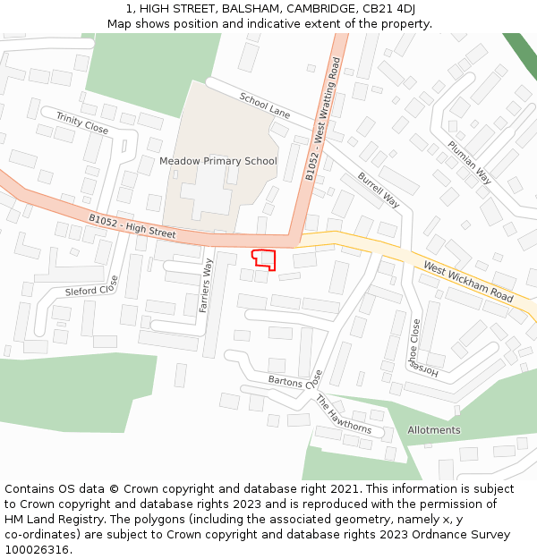 1, HIGH STREET, BALSHAM, CAMBRIDGE, CB21 4DJ: Location map and indicative extent of plot