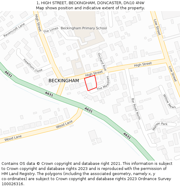 1, HIGH STREET, BECKINGHAM, DONCASTER, DN10 4NW: Location map and indicative extent of plot