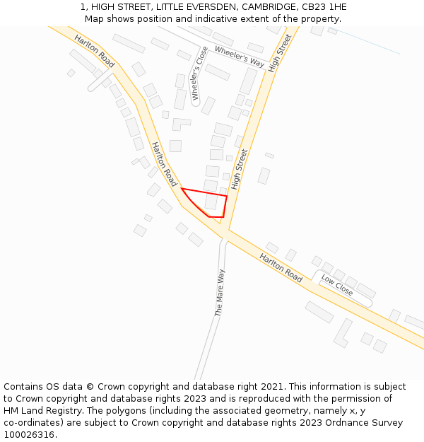 1, HIGH STREET, LITTLE EVERSDEN, CAMBRIDGE, CB23 1HE: Location map and indicative extent of plot