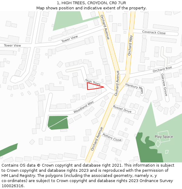 1, HIGH TREES, CROYDON, CR0 7UR: Location map and indicative extent of plot
