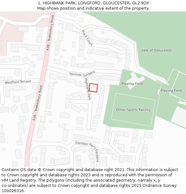 1, HIGHBANK PARK, LONGFORD, GLOUCESTER, GL2 9DX: Location map and indicative extent of plot