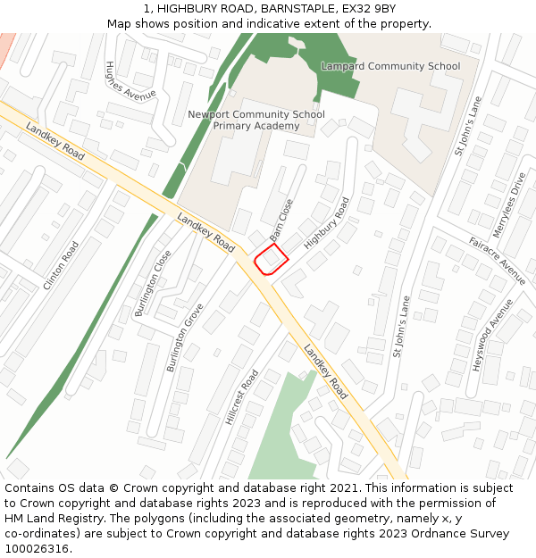 1, HIGHBURY ROAD, BARNSTAPLE, EX32 9BY: Location map and indicative extent of plot