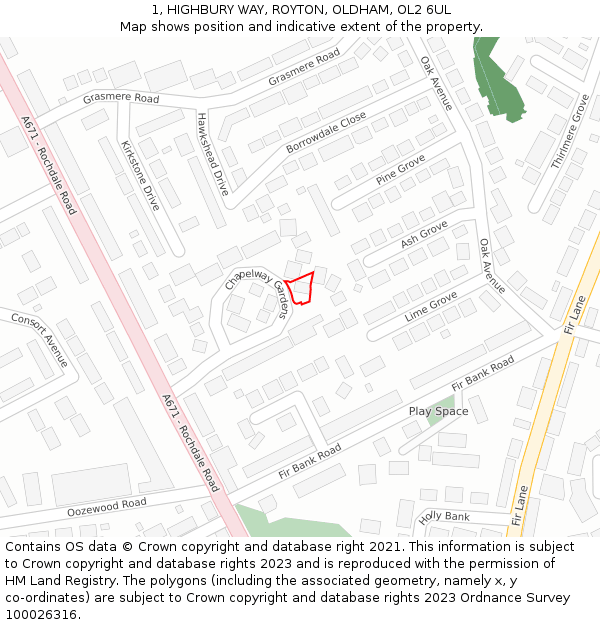 1, HIGHBURY WAY, ROYTON, OLDHAM, OL2 6UL: Location map and indicative extent of plot