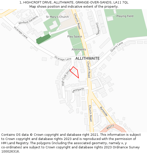 1, HIGHCROFT DRIVE, ALLITHWAITE, GRANGE-OVER-SANDS, LA11 7QL: Location map and indicative extent of plot
