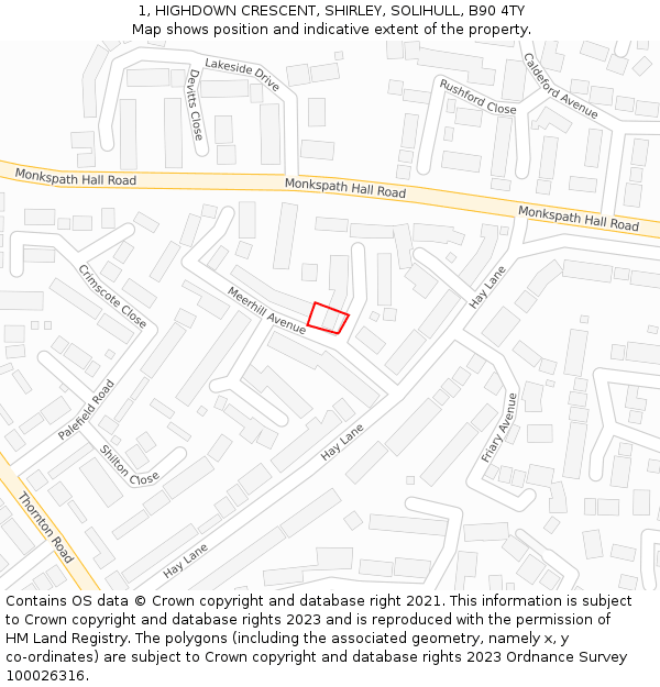 1, HIGHDOWN CRESCENT, SHIRLEY, SOLIHULL, B90 4TY: Location map and indicative extent of plot