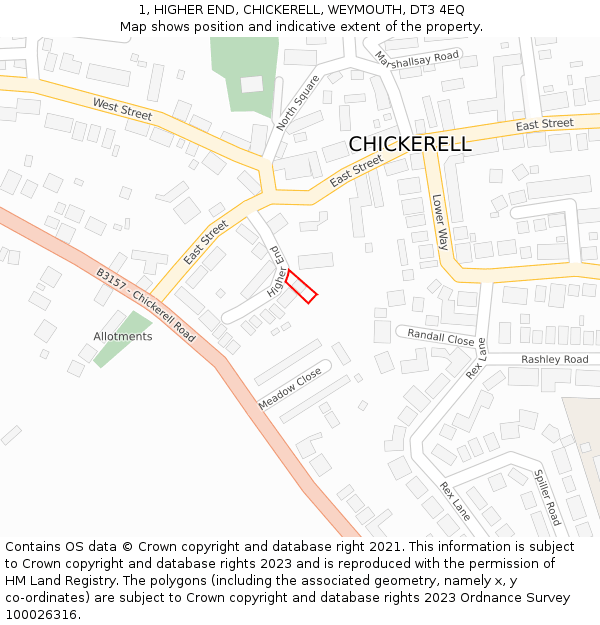 1, HIGHER END, CHICKERELL, WEYMOUTH, DT3 4EQ: Location map and indicative extent of plot