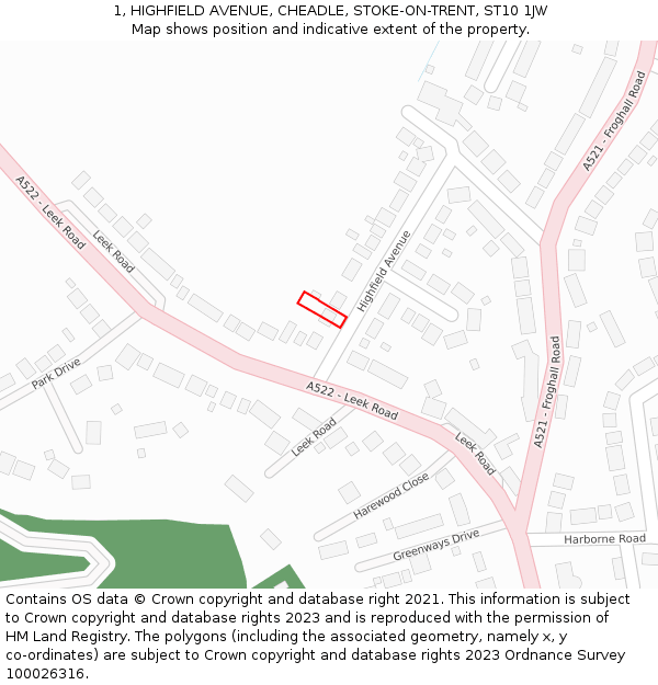 1, HIGHFIELD AVENUE, CHEADLE, STOKE-ON-TRENT, ST10 1JW: Location map and indicative extent of plot