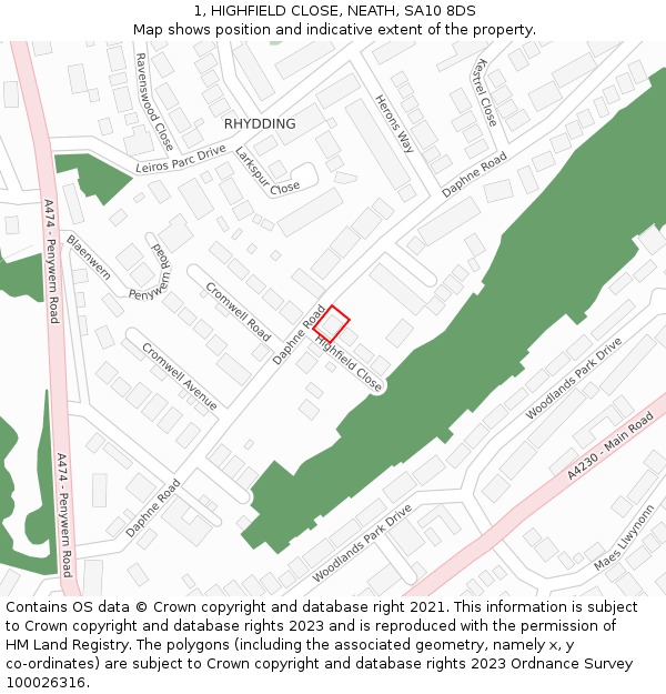 1, HIGHFIELD CLOSE, NEATH, SA10 8DS: Location map and indicative extent of plot