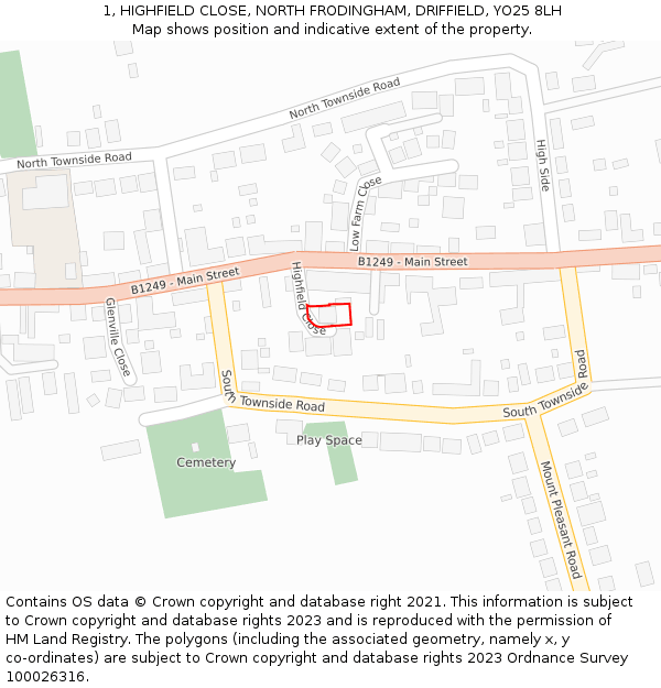 1, HIGHFIELD CLOSE, NORTH FRODINGHAM, DRIFFIELD, YO25 8LH: Location map and indicative extent of plot