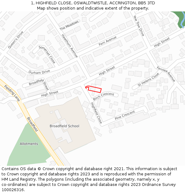 1, HIGHFIELD CLOSE, OSWALDTWISTLE, ACCRINGTON, BB5 3TD: Location map and indicative extent of plot