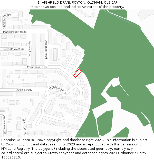 1, HIGHFIELD DRIVE, ROYTON, OLDHAM, OL2 6AF: Location map and indicative extent of plot