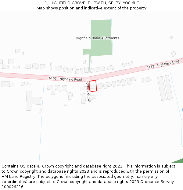 1, HIGHFIELD GROVE, BUBWITH, SELBY, YO8 6LG: Location map and indicative extent of plot