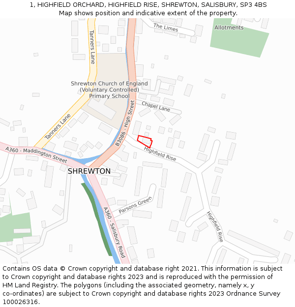 1, HIGHFIELD ORCHARD, HIGHFIELD RISE, SHREWTON, SALISBURY, SP3 4BS: Location map and indicative extent of plot