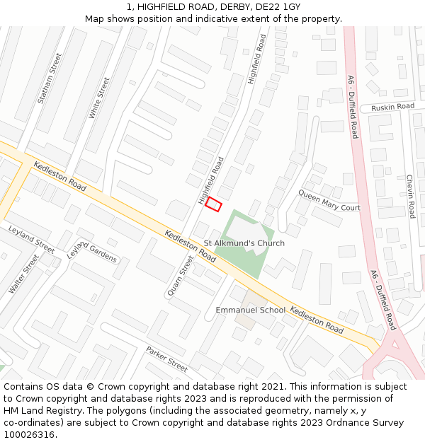 1, HIGHFIELD ROAD, DERBY, DE22 1GY: Location map and indicative extent of plot