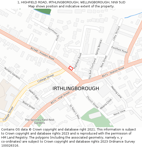 1, HIGHFIELD ROAD, IRTHLINGBOROUGH, WELLINGBOROUGH, NN9 5UD: Location map and indicative extent of plot