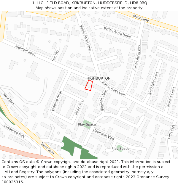 1, HIGHFIELD ROAD, KIRKBURTON, HUDDERSFIELD, HD8 0RQ: Location map and indicative extent of plot