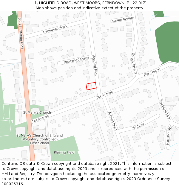 1, HIGHFIELD ROAD, WEST MOORS, FERNDOWN, BH22 0LZ: Location map and indicative extent of plot