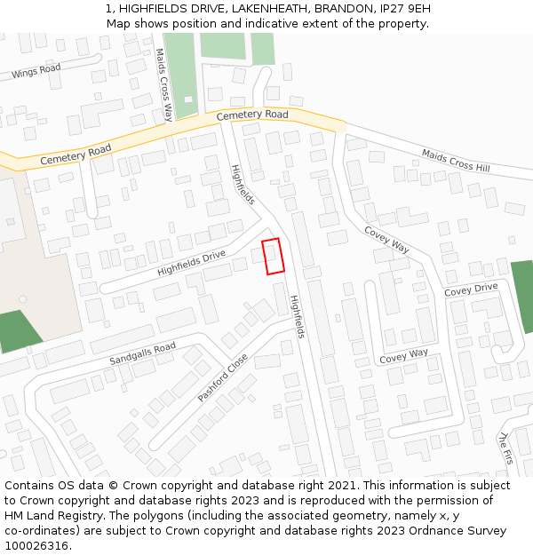 1, HIGHFIELDS DRIVE, LAKENHEATH, BRANDON, IP27 9EH: Location map and indicative extent of plot