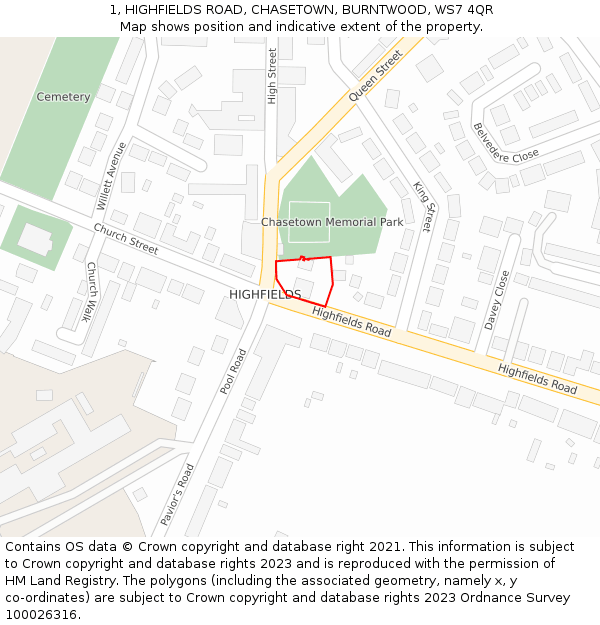 1, HIGHFIELDS ROAD, CHASETOWN, BURNTWOOD, WS7 4QR: Location map and indicative extent of plot