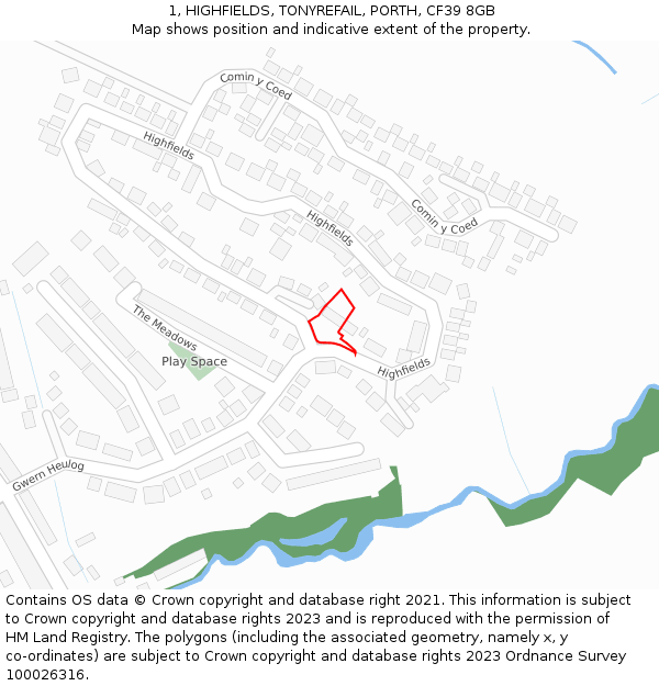 1, HIGHFIELDS, TONYREFAIL, PORTH, CF39 8GB: Location map and indicative extent of plot