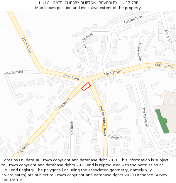 1, HIGHGATE, CHERRY BURTON, BEVERLEY, HU17 7RR: Location map and indicative extent of plot