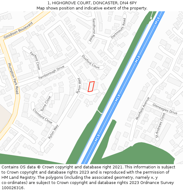 1, HIGHGROVE COURT, DONCASTER, DN4 6PY: Location map and indicative extent of plot