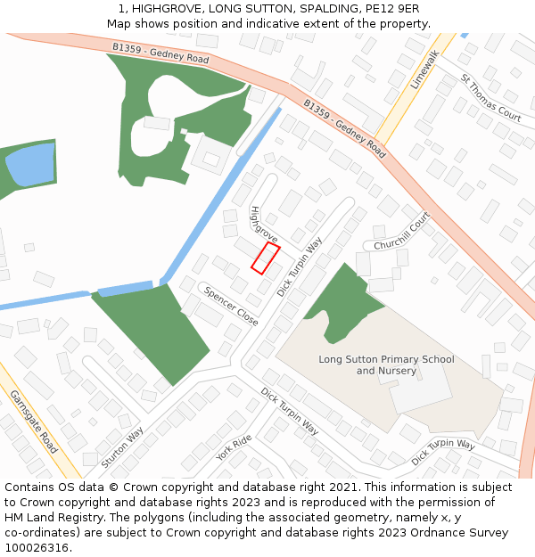1, HIGHGROVE, LONG SUTTON, SPALDING, PE12 9ER: Location map and indicative extent of plot