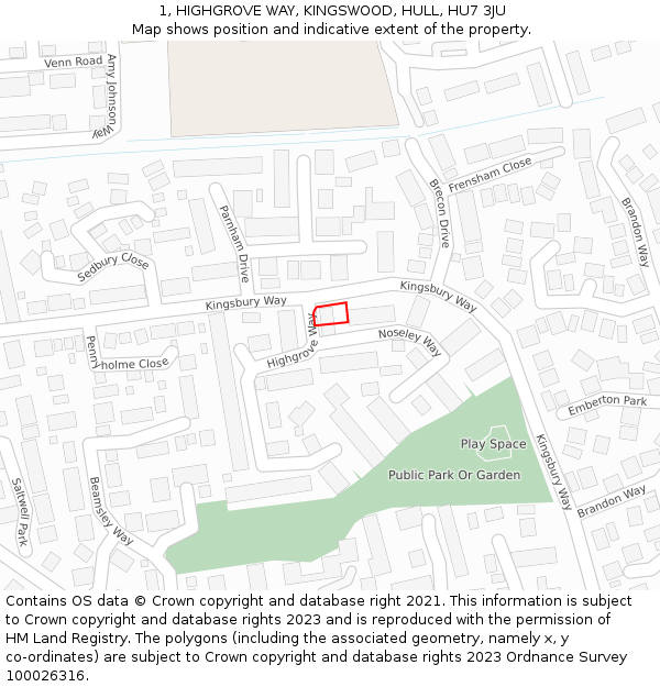 1, HIGHGROVE WAY, KINGSWOOD, HULL, HU7 3JU: Location map and indicative extent of plot