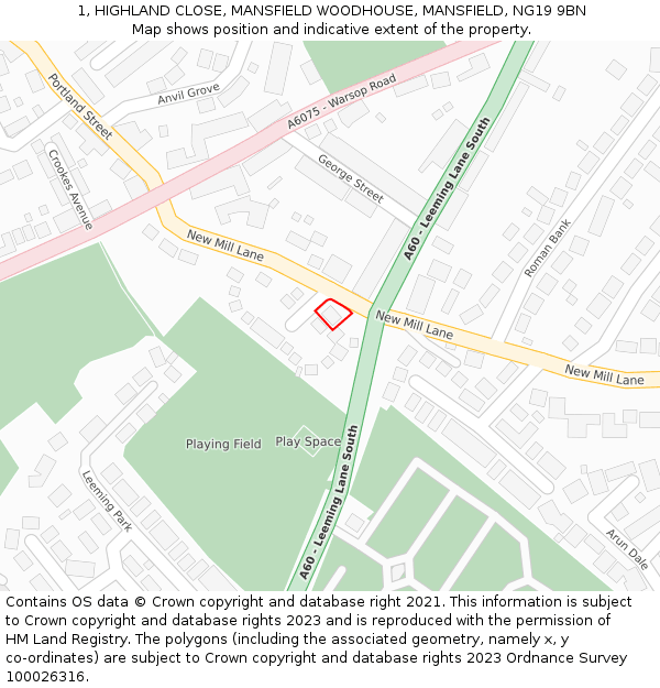 1, HIGHLAND CLOSE, MANSFIELD WOODHOUSE, MANSFIELD, NG19 9BN: Location map and indicative extent of plot