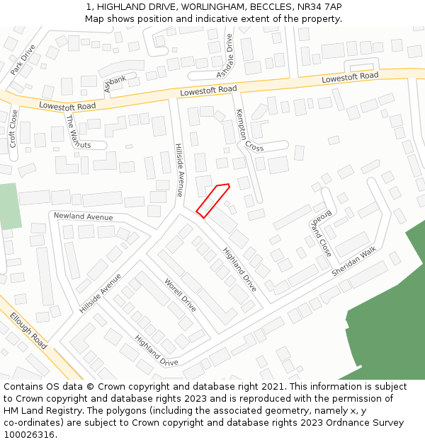 1, HIGHLAND DRIVE, WORLINGHAM, BECCLES, NR34 7AP: Location map and indicative extent of plot