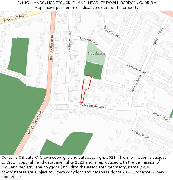 1, HIGHLANDS, HONEYSUCKLE LANE, HEADLEY DOWN, BORDON, GU35 8JA: Location map and indicative extent of plot