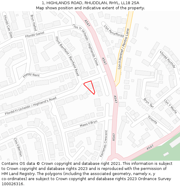 1, HIGHLANDS ROAD, RHUDDLAN, RHYL, LL18 2SA: Location map and indicative extent of plot