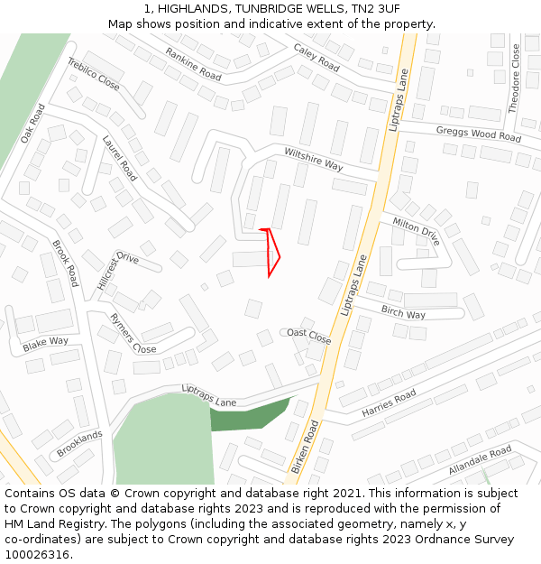 1, HIGHLANDS, TUNBRIDGE WELLS, TN2 3UF: Location map and indicative extent of plot