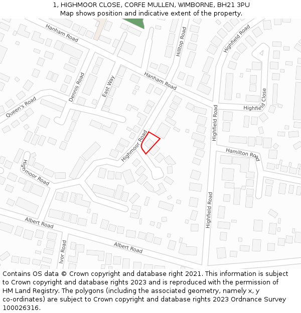 1, HIGHMOOR CLOSE, CORFE MULLEN, WIMBORNE, BH21 3PU: Location map and indicative extent of plot