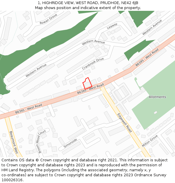 1, HIGHRIDGE VIEW, WEST ROAD, PRUDHOE, NE42 6JB: Location map and indicative extent of plot